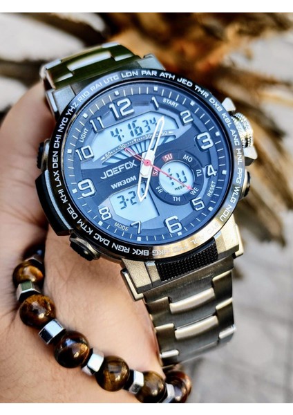 Digital & Analog Kronometre+Takvim+Alarm+Aydınlatma Erkek Kol Saati +Bileklik JOE-001-A