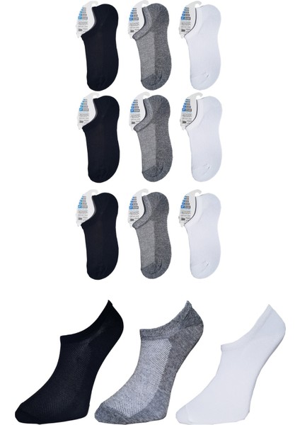 Erkek Siyah Gri Ve Beyaz Görünmez Çorap 9 Çift