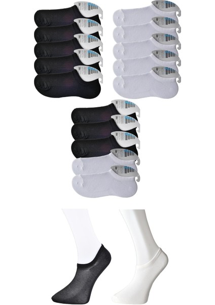 Siyah Ve Beyaz Erkek Görünmez Çorap 15 Çift