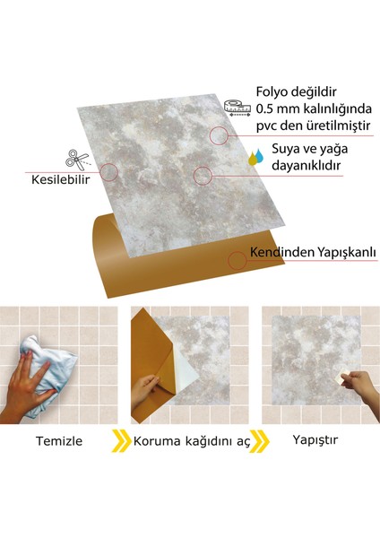 Kendinden Yapışkanlı Gri Mermer Desenli Pvc Karo 30x30 cm 11 Adet 1m2