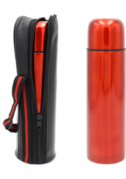 Deri Çantalı Bordo Renk Çelik Termos 500ML