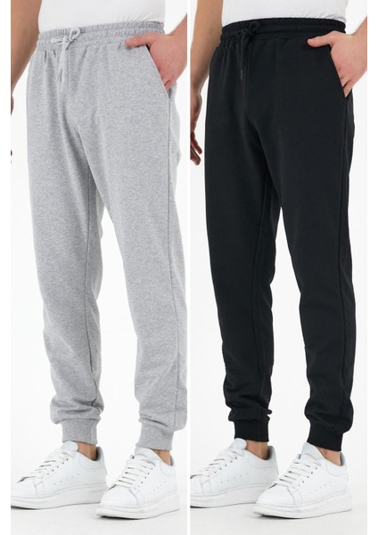 Siyah-Gri 2'li Erkek Eşofman Altı Etiketli Arka ve Yan Cepli Regular Fit