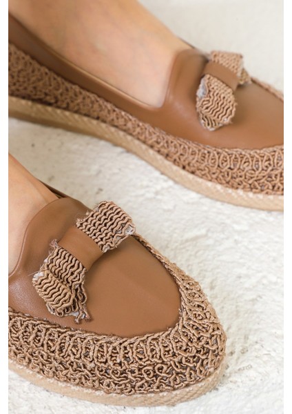 Shoes Kadın Hasır Örgülü Ortopedik Taban Kahverengi Babet Ayakkabı