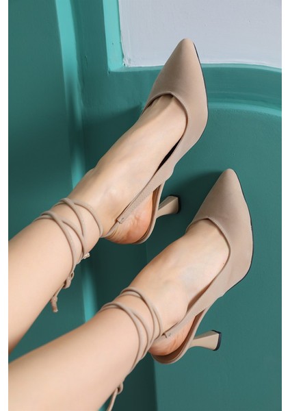 Shoes Kadın Ten Süet Bağlamalı Stiletto Ayakkabı