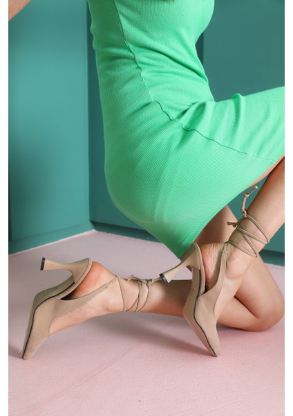 Shoes Kadın Ten Süet Bağlamalı Stiletto Ayakkabı fırsatları