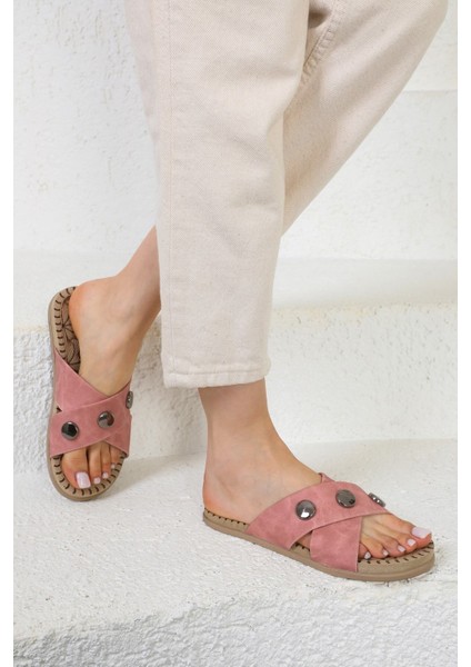 Shoes Çapraz Zımba Detaylı Eva Taban Pudra Terlik