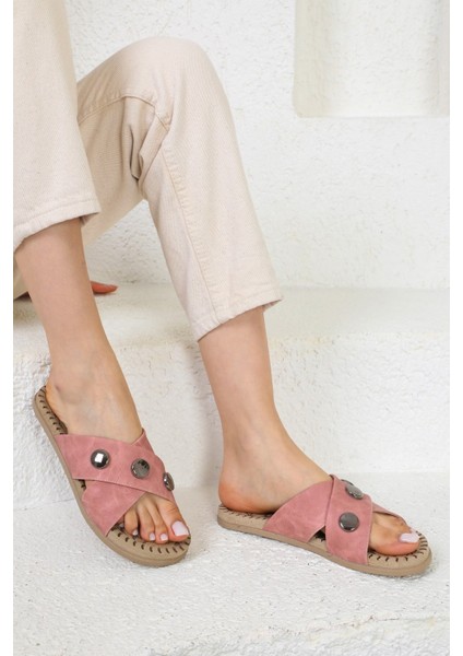 Shoes Çapraz Zımba Detaylı Eva Taban Pudra Terlik