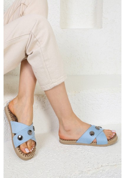 Shoes Çapraz Zımba Detaylı Eva Taban Turkuaz Terlik