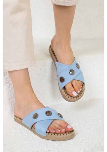 Shoes Çapraz Zımba Detaylı Eva Taban Turkuaz Terlik