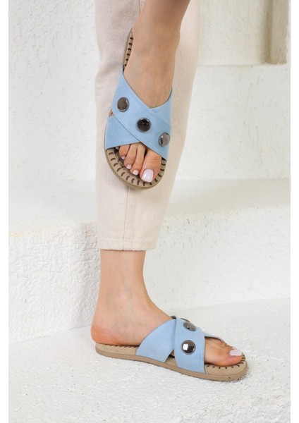 Shoes Çapraz Zımba Detaylı Eva Taban Turkuaz Terlik