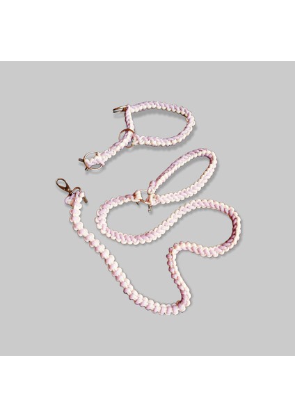 Köpek gezdirme kayışı boyun tasmalı set makrome örgü krem lila boyun ölçüsü:27-35cm ayarlamalı dog collar TB6-4S