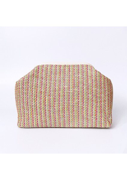 Kadın Krem Biyeli Renkli Jüt Hasır Clutch El Çantası