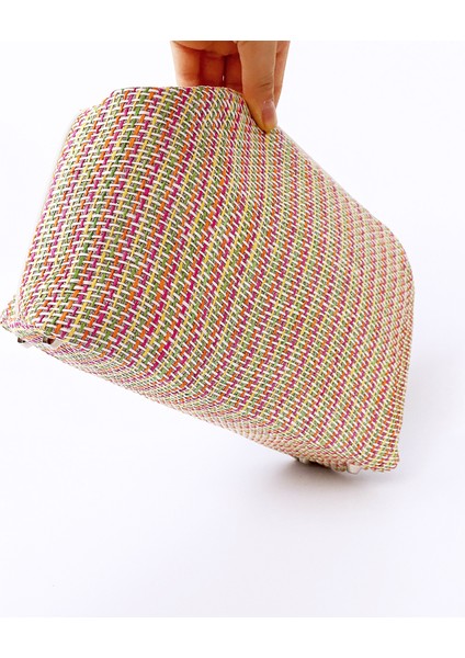 Kadın Krem Biyeli Renkli Jüt Hasır Clutch El Çantası
