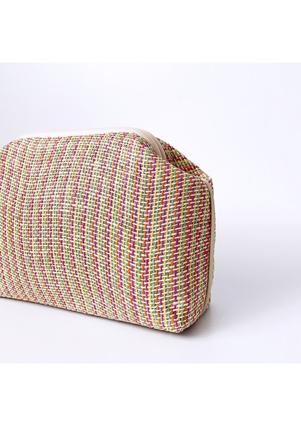 Kadın Krem Biyeli Renkli Jüt Hasır Clutch El Çantası