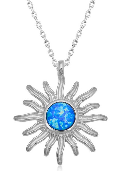 ​925 Ayar Gümüş Mavi Opal Taşlı Güneş Kadın Gümüş Kolye