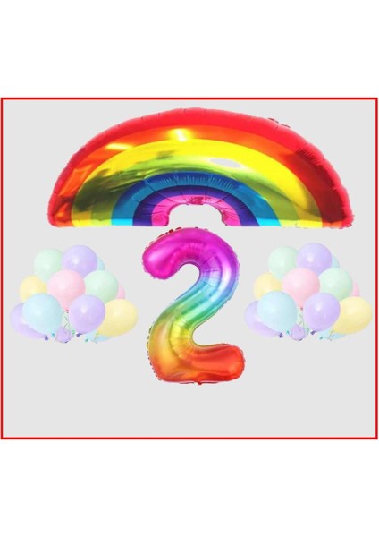 Gökkuşağı Temalı Makaron Balon 2 Yaş Doğum Günü Parti Seti