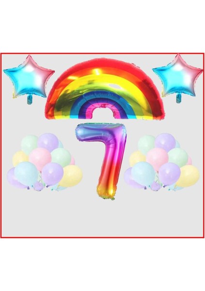 Gökkuşağı Yıldız Temalı Makaron Balon 7 Yaş Doğum Günü Parti Seti