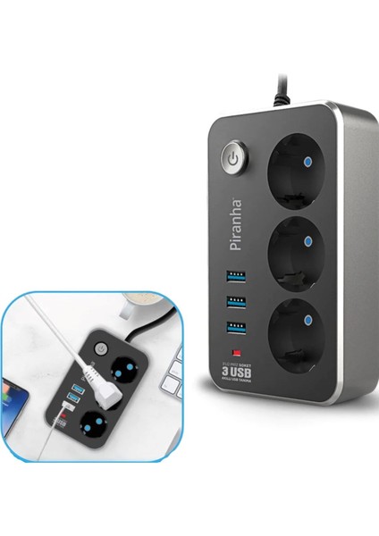 Buffer® Isıya Dayanıklı Termal Akım Korumalı 2 Metre 10A 2500W 3lü Priz ve 3 USB Li 2.1A Uzatma Kablosu
