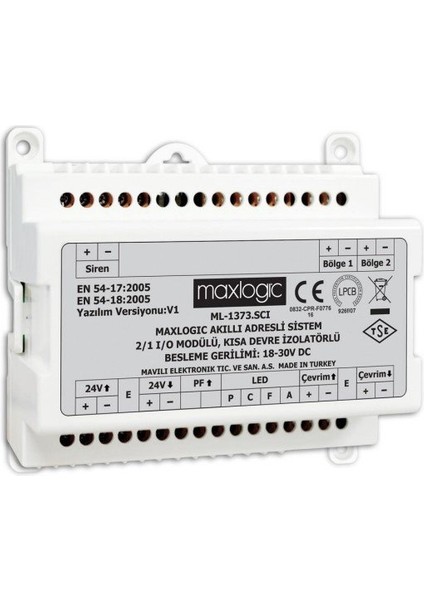 ML-1373.SCI/M Maxlogic Adresli 2/1 I/o Modül, 2 Bölge Izleme, 1 Siren Çıkışı, Kısa Devre Izolatörlü, Marin