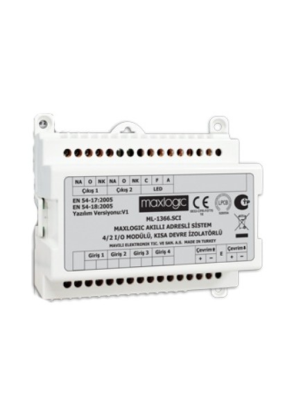ML-1366.SCI/M Maxlogic Adresli 4/2 I/o Modül, 4 Kontak Izleme, 2 Röle Çıkışı, Kısa Devre Izolatörlü, Marin
