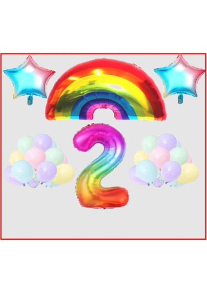 Gökkuşağı Yıldız Temalı Makaron Balon 2 Yaş Doğum Günü Parti Seti