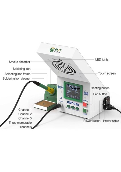 BST-938 Ekranlı Duman Emici Fanlı Lehimleme Havya Istasyonu