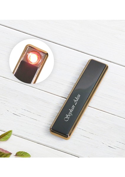Kişiye Özel Isimli USB Şarjlı Siyah Metal Elektrikli Çakmak