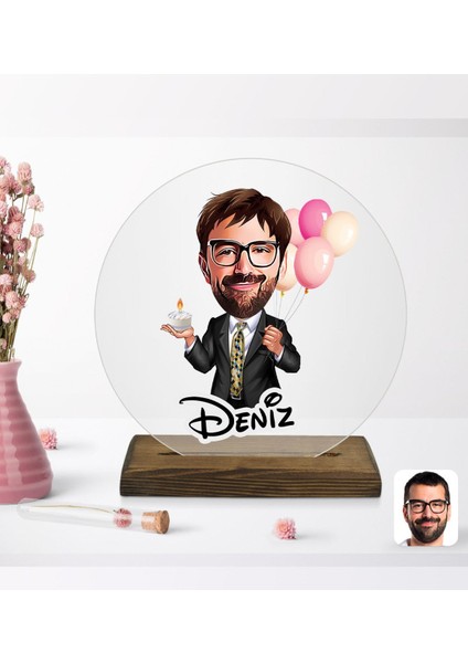 Kişiye Özel Erkek Doğum Günü Karikatürlü Yuvarlak Ahşap Standlı Biblo-3