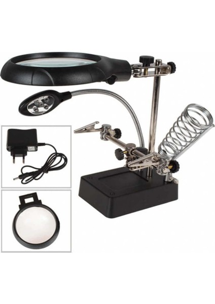 Masaüstü Işıklı Büyüteç Havya Sehpası Mini Tutucu Pilli+Adaptörlü