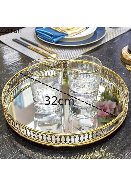 Vintage Avrupa Ayna Cam Metal Depolama Tepsi Altın Yuvarlak Meyve Tabağı Masaüstü Küçük Öğeler Takı Ekran Tepsi Plakası | Depolama Tepsileri (YUVARLAK-32CM)(Yurt Dışından)