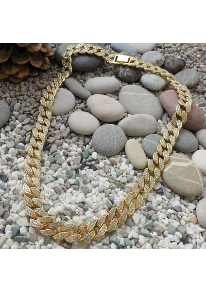 13 mm. Kalın 60 cm. Taşlı Gold Alloy Erkek Zincir ek21sr