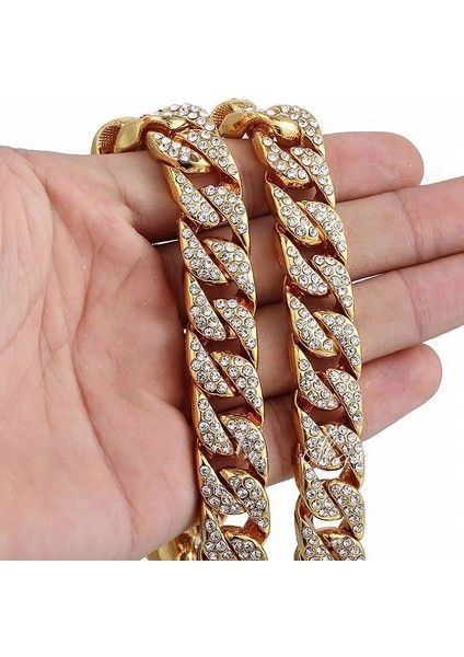 13 mm. Kalın 60 cm. Taşlı Gold Alloy Erkek Zincir ek21sr