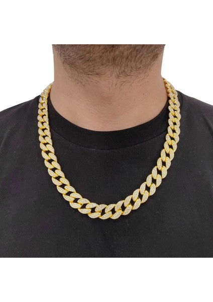 13 mm. Kalın 60 cm. Taşlı Gold Alloy Erkek Zincir ek21sr