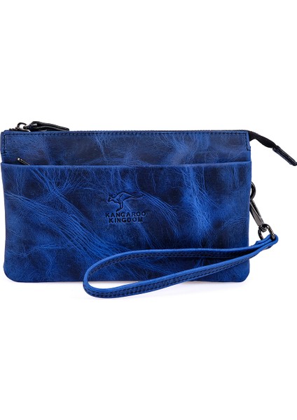 Kangaroo Kıngdom Hakiki Deri Crazy Horse Mavi Unisex El Portföy Clutch Çantası 5488-ZM