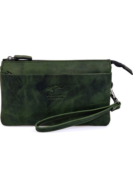 Kangaroo Kıngdom Hakiki Deri Crazy Horse Yeşil Erkek El Portföy Clutch Çantası 5488-ZY