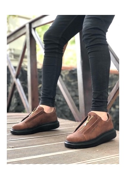 BA0310 Boa Kalın Yüksek Taban Fermuarlı Taba Siyah Erkek Ayakkabı