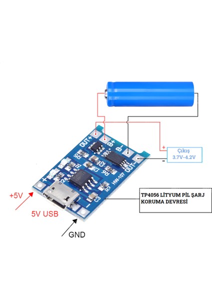 Lityum Pil Şarj Devresi Micro USB TP4056 Batarya Şarj Modülü