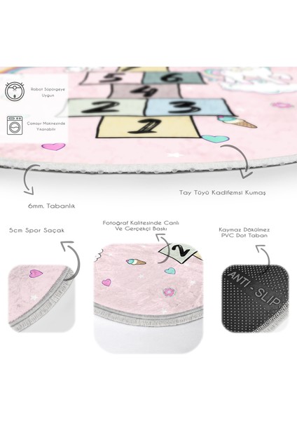 Unicorn Temalı Renkli Seksek Oyun Tasarımlı Çocuk & Genç Odası Makinede Yıkanabilir Kaymaz Tabanlı Püsküllü Yuvarlak Çocuk Oyun Halısı