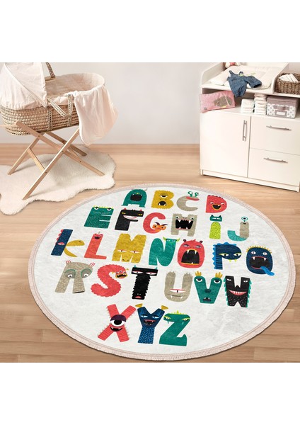 Hayvan Tasarımlı Öğretici Harf Tasarımlı Çocuk & Genç Odası Makinede Yıkanabilir Kaymaz Tabanlı Püsküllü Yuvarlak Çocuk Oyun Halısı