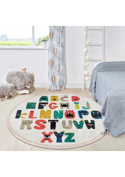 Hayvan Tasarımlı Öğretici Harf Tasarımlı Çocuk & Genç Odası Makinede Yıkanabilir Kaymaz Tabanlı Püsküllü Yuvarlak Çocuk Oyun Halısı fiyatları