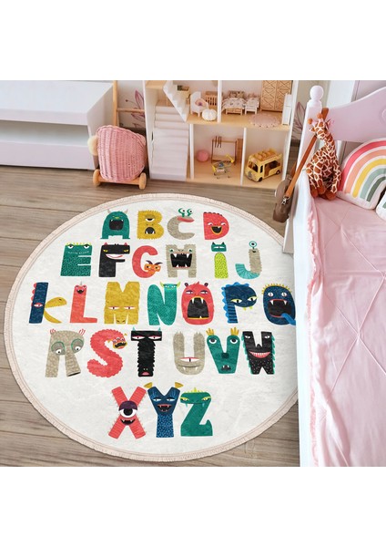 Hayvan Tasarımlı Öğretici Harf Tasarımlı Çocuk & Genç Odası Makinede Yıkanabilir Kaymaz Tabanlı Püsküllü Yuvarlak Çocuk Oyun Halısı modelleri