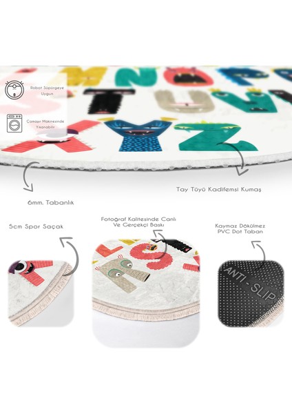 Hayvan Tasarımlı Öğretici Harf Tasarımlı Çocuk & Genç Odası Makinede Yıkanabilir Kaymaz Tabanlı Püsküllü Yuvarlak Çocuk Oyun Halısı fırsatları