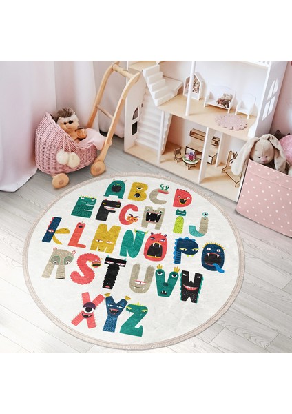 Hayvan Tasarımlı Öğretici Harf Tasarımlı Çocuk & Genç Odası Makinede Yıkanabilir Kaymaz Tabanlı Püsküllü Yuvarlak Çocuk Oyun Halısı indirimleri