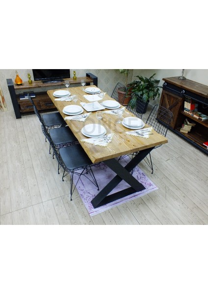 Doğal Ahşap Sandalyeli Masa TAKIMI(85CM-125CM Masa+6 Sandalye)