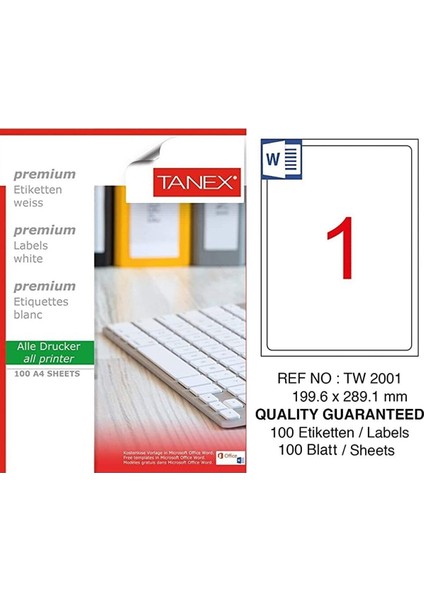 Bilgisayar Etiketi TW-2001 199.60X289.10 mm 100 Lü Lazer Etiket 1 Paket Tanex Davetiye Kargo Etiketi