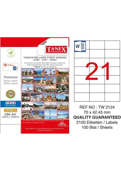 Bilgisayar Etiketi TW-2124 70X42,43 mm 100 Lü Lazer Etiket 1 Paket Tanex Davetiye Kargo Etiketi