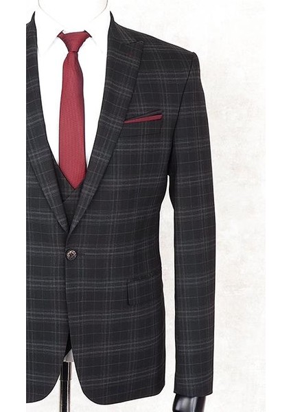 Slimfit Tek Düğme Kareli Yelekli Drop 6 Takım-Siyah