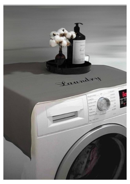 Laundry Basklı Gri Çamaşır Makine Örtüsü