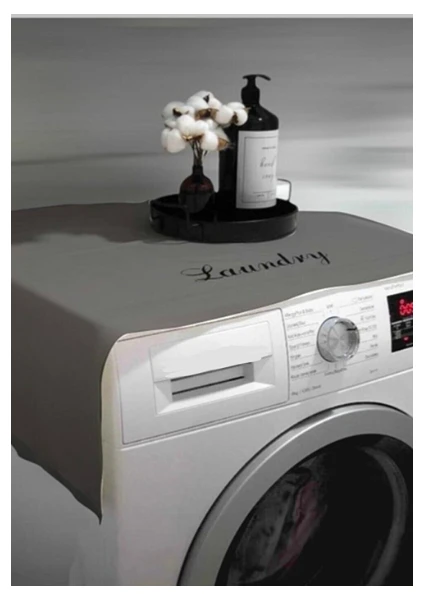 Laundry Basklı Gri Çamaşır Makine Örtüsü