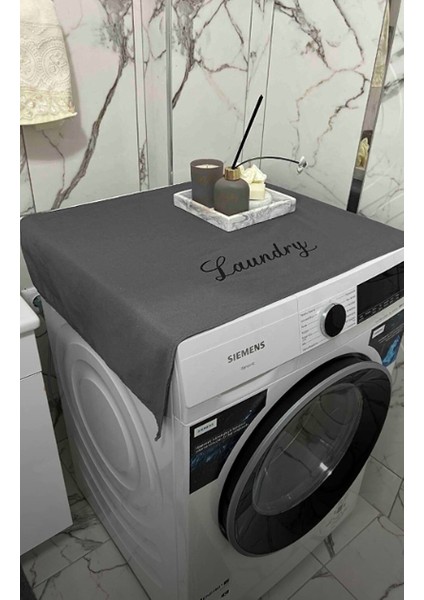 Laundry Basklı Gri Çamaşır Makine Örtüsü